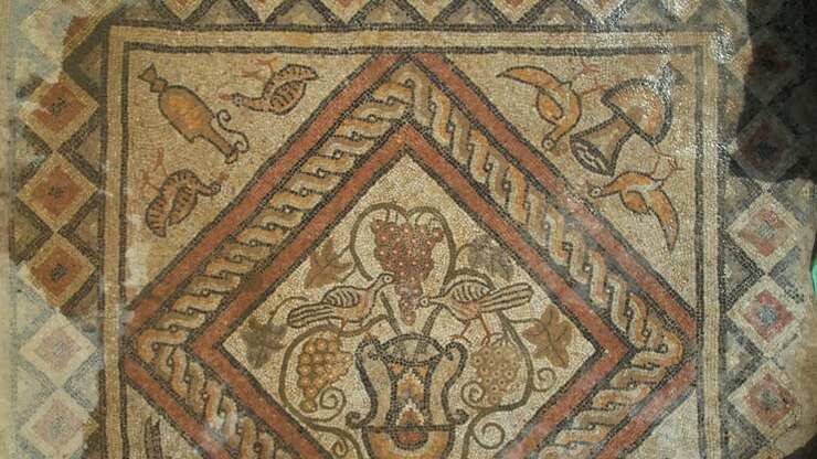 Archaeological Discovery of Ancient Roman Mosaic on the Floor of a Building Near Via Egnatia by Lake Lin, Pogradec