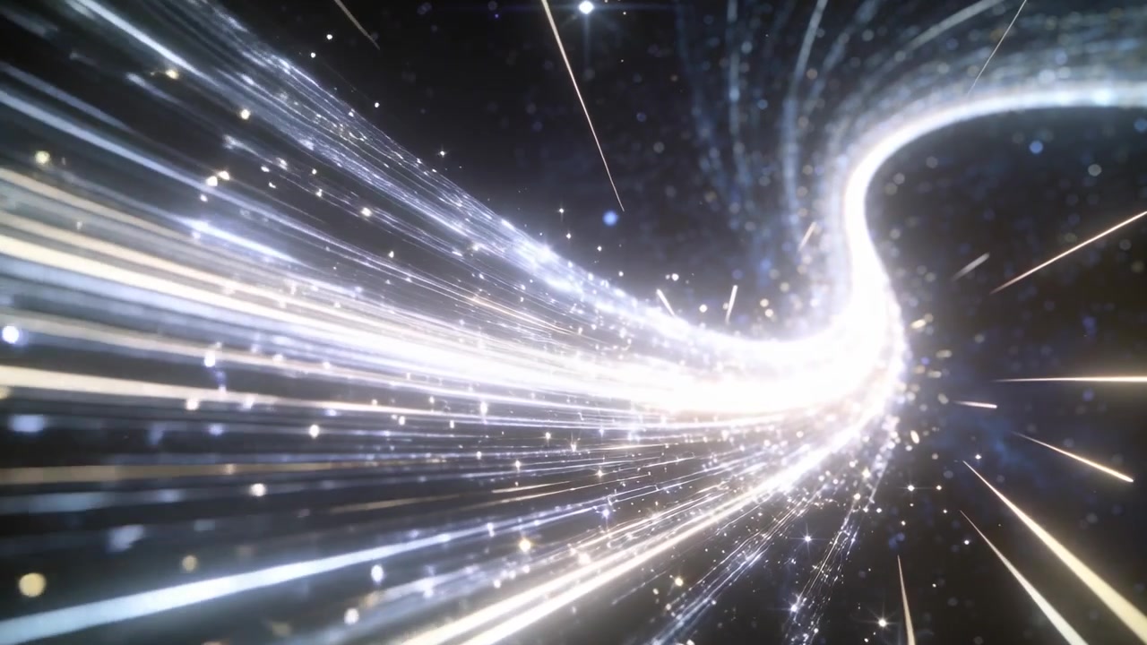Appearing from left, curving luminous stream sweeping in dark void, emitting particles to S bend