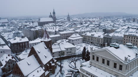 winter in krakow, poland - aerial view of downtown, main market square, sukiennice, st