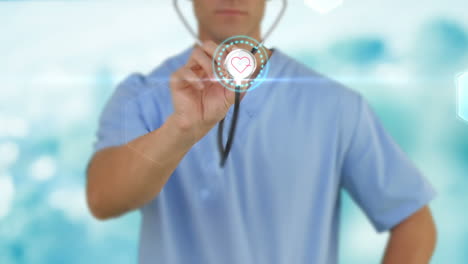 médico con un estetoscopio que muestra los latidos del corazón