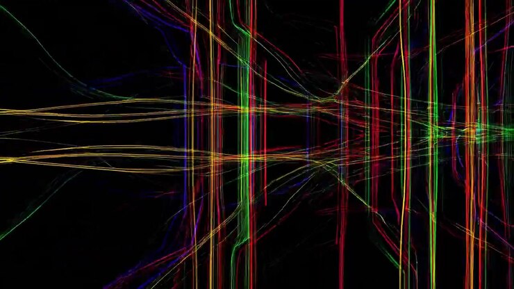 Lebendige, mehrfarbige Linien kreuzen eine schwarze Hintergrundkarte. Sich überschneidende Neonstränge bilden schaltkreisähnliche Pfade