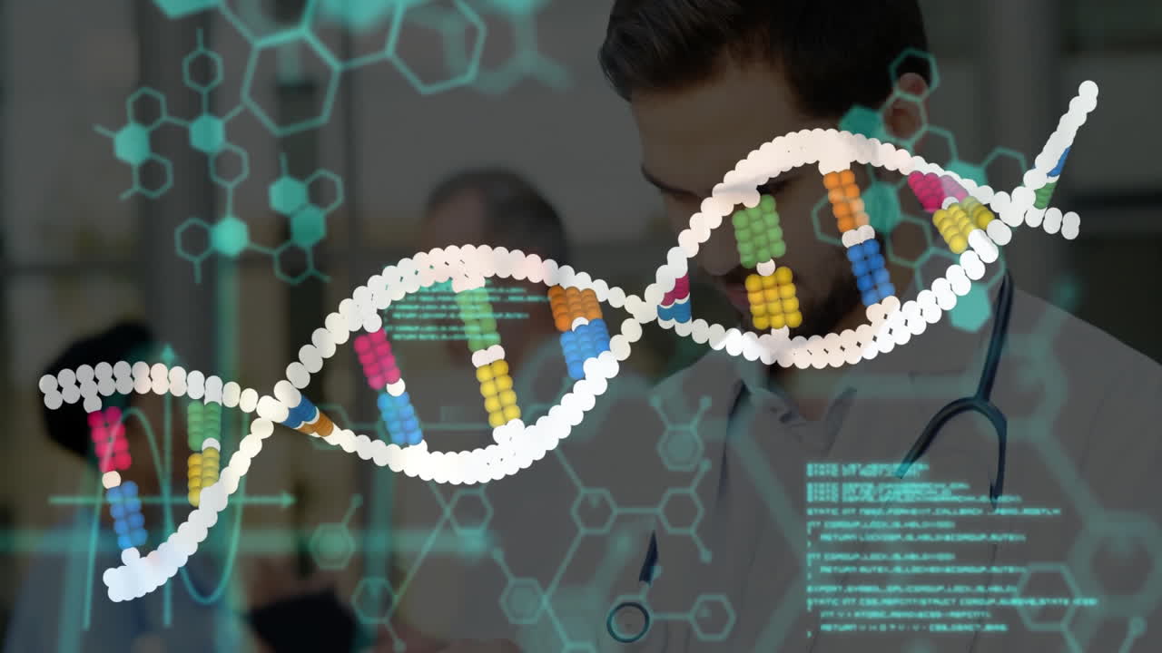 Male doctor examining holographic DNA helix in medical lab, showing floating hexagon overlays