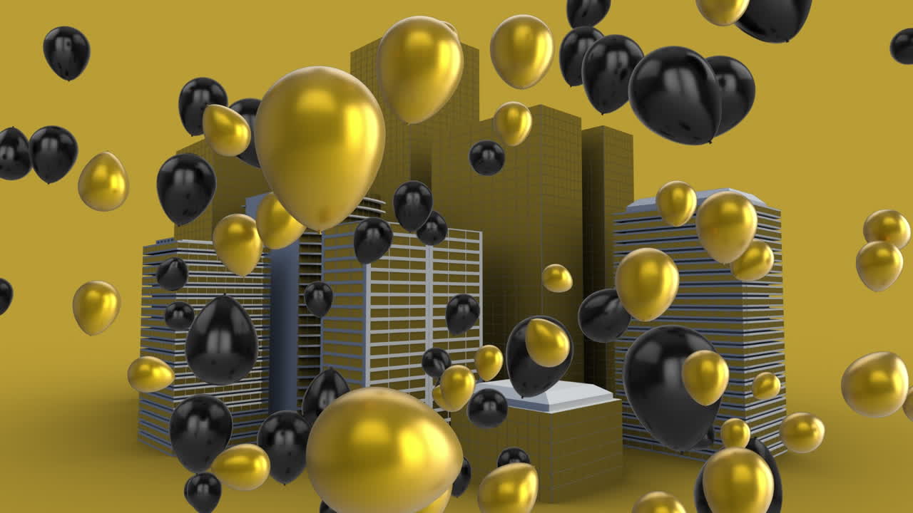 animación digital de múltiples globos flotando sobre un modelo de ciudad en 3d contra un fondo amarillo