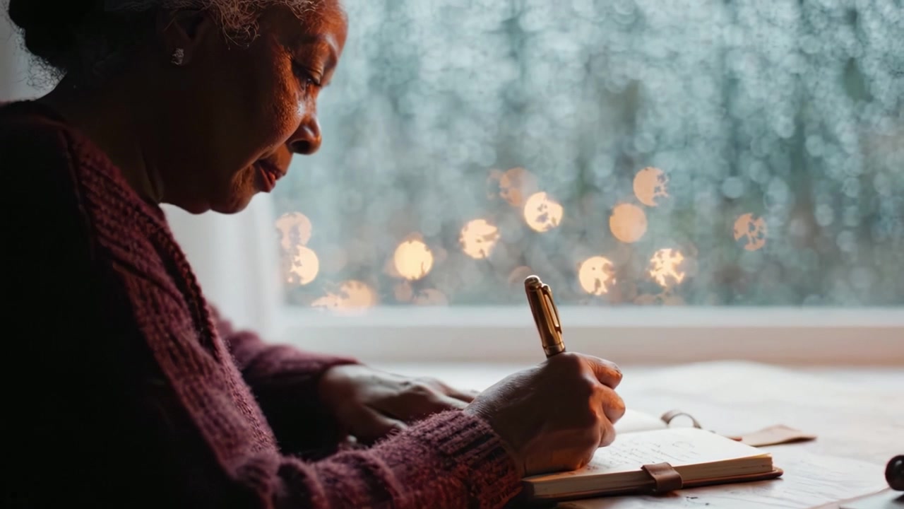 Una donna anziana intenta a scrivere in modo riflessivo a una finestra, con gocce di pioggia e luci soffuse che creano un'atmosfera accogliente e introspettiva.