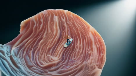 miniature surfer on a slice of bacon