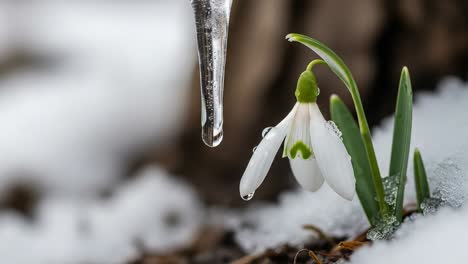 Delicate Snowdrop Flower Surrounded by Melting Snow and Droplets of Water, Highlighting the Beauty of Nature in Transition from Winter to Spring