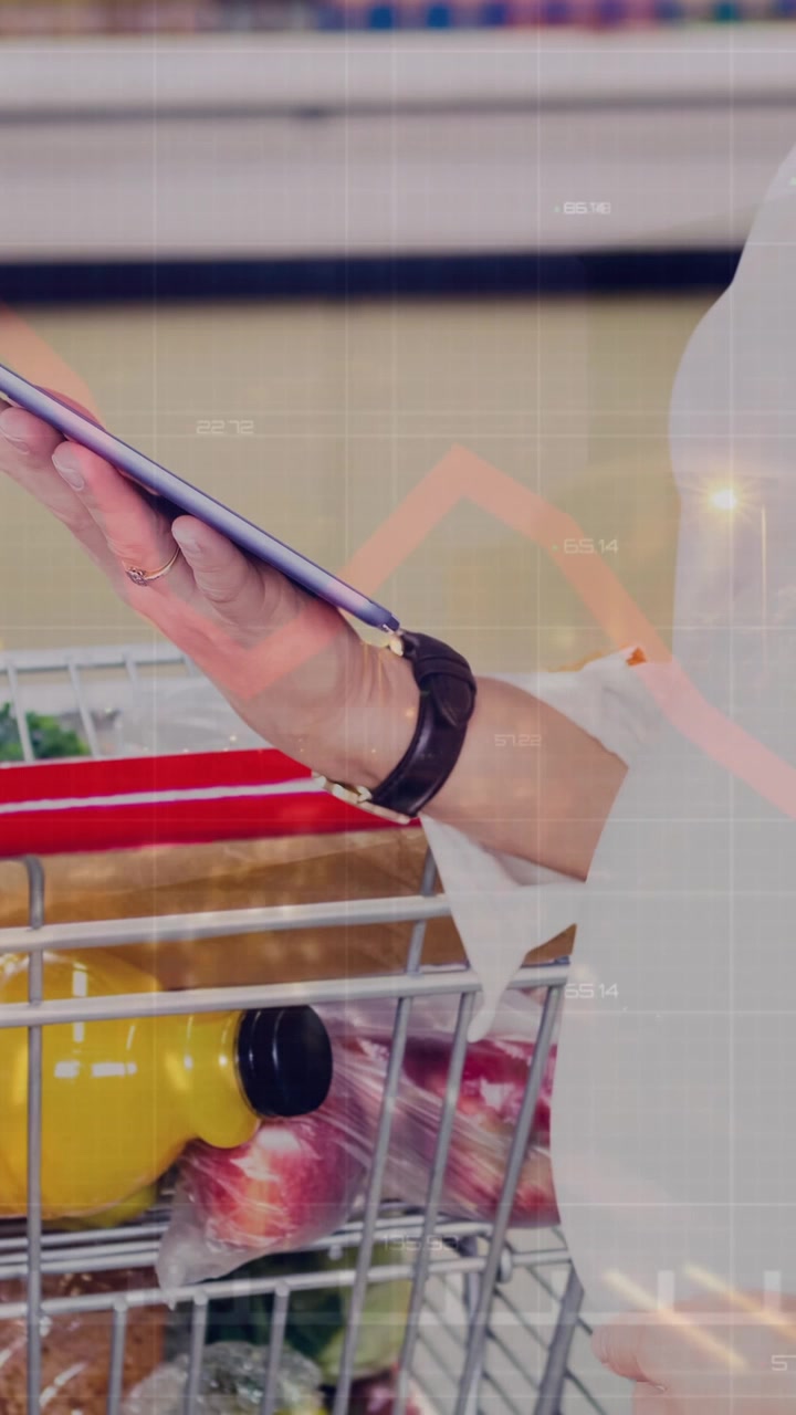 Animazione di dati finanziari e grafici su una donna caucasica che fa shopping con un tablet.