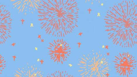 Animation-of-orange-fireworks-moving-over-blue-background