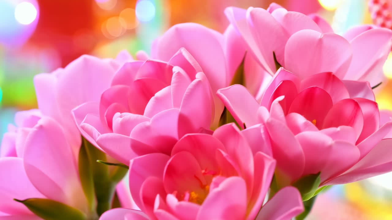 Time-lapse di tulipani rosa in fioritura con uno sfondo bokeh colorato.