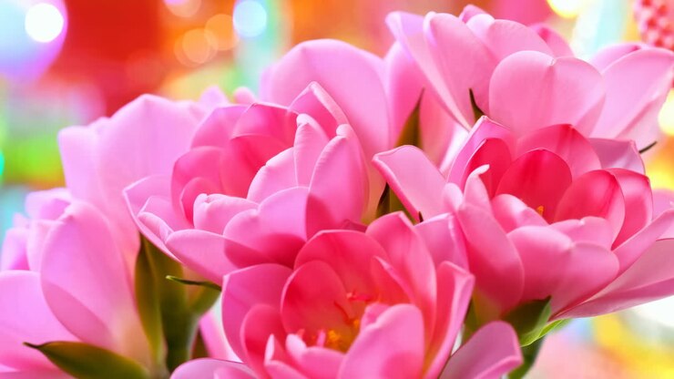 Time-lapse di tulipani rosa in fioritura con uno sfondo bokeh colorato.