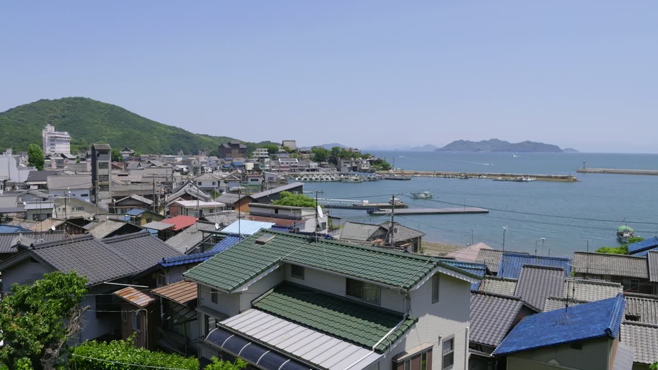 Beautiful calm seaside village in Japan, high above panorama view