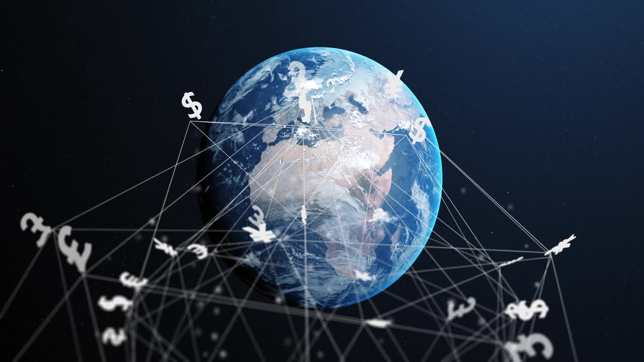 글로벌 통화 기호와 회전하는 지구 애니메이션에 대한 네트워크 연결