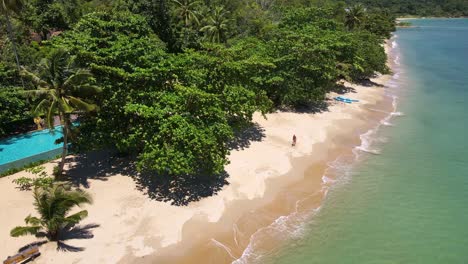 Drone-De-Isla-Tropical,-Vista-De-Pájaro-Con-Exuberante-Selva-Tropical-Y-Palmeras-Tropicales-Con-Playa-De-Arena-Blanca-Con-Un-Hombre-Caminando-Por-Un-Resort-En-La-Playa