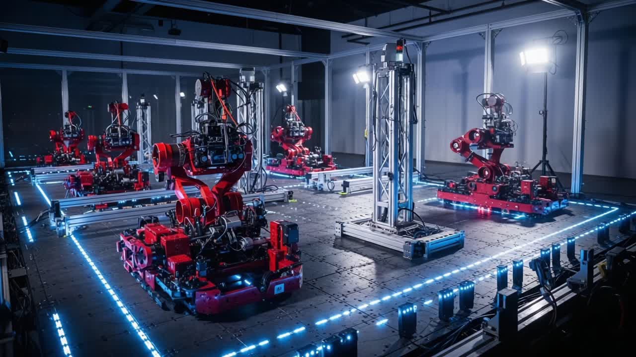 Innovative Robotic Assembly Line Showcasing Advanced Technology in Automated Manufacturing with High-Tech Equipment and Sleek Red Design in a Modern Workspace