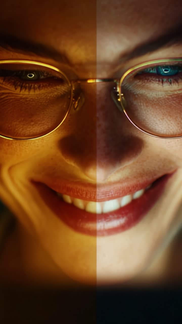 Captivating Expressions: A Woman Engrossed in Enchantment, Experiencing Emotions While Observing a Screen, from Delightful Smiles to Contemplative Calmness