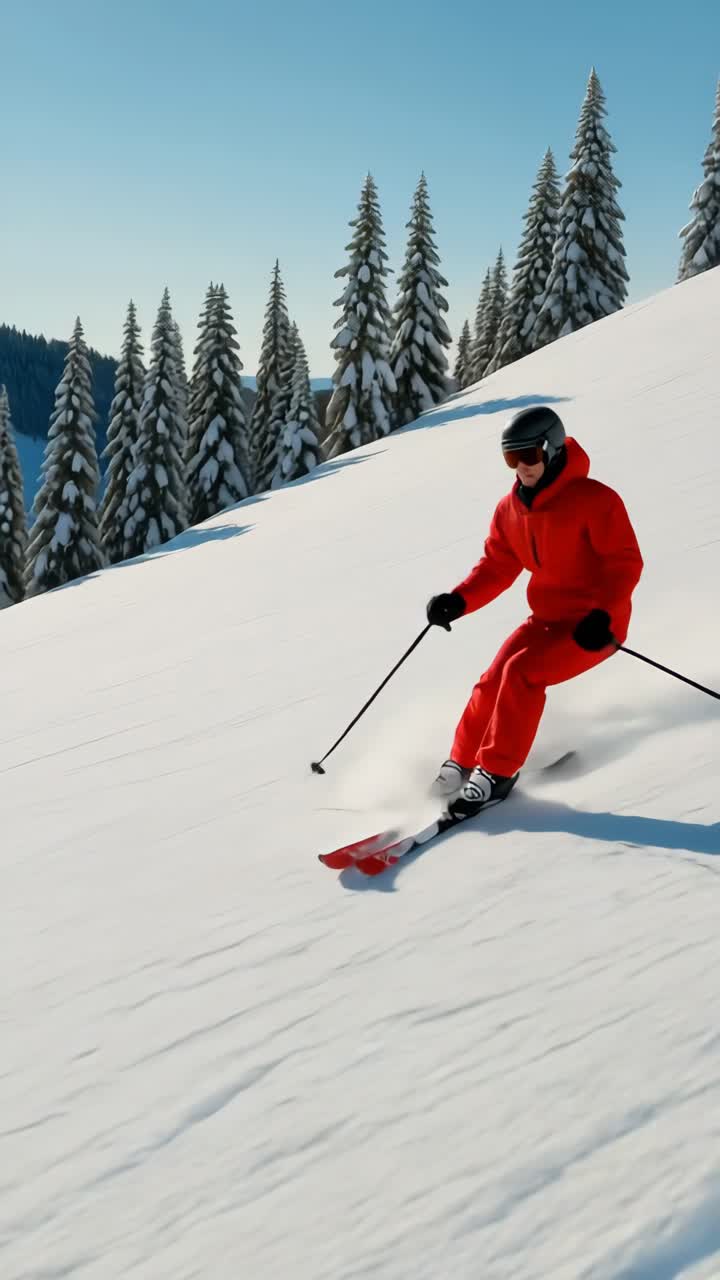 Video dinamico di uno sciatore in tuta rossa che scende lungo un pendio innevato
