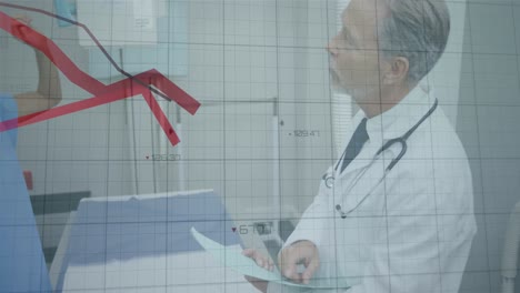 Animation-of-red-lines-with-data-processing-over-doctors-in-hospital