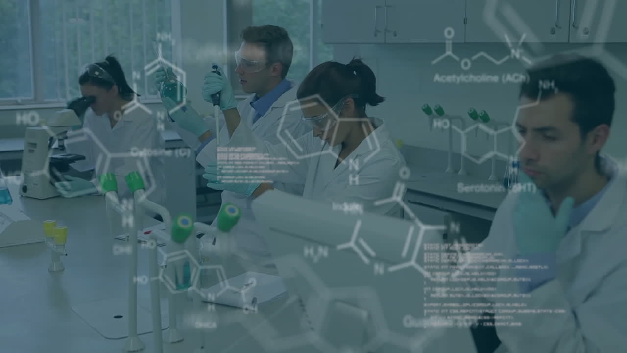 animación del procesamiento de datos científicos sobre diversos científicos en el laboratorio