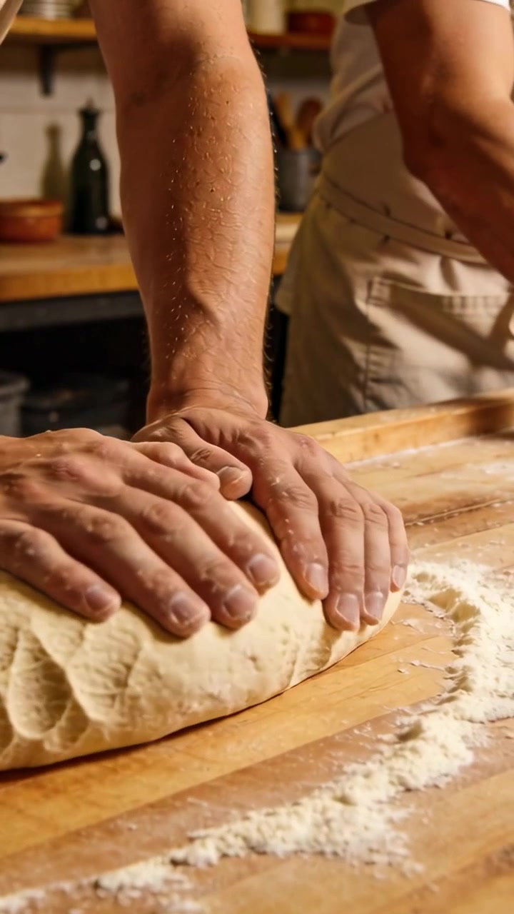 Video verticale: Uomo in grembiule che posiziona l'impasto su un tagliere infarinato a casa, premendo e arrotolando una pagnotta per il forno.