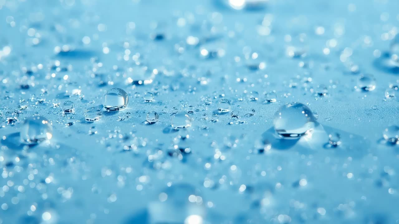 Pulling focus macro camera revealing center-right droplet details on blue panel, showing highlights