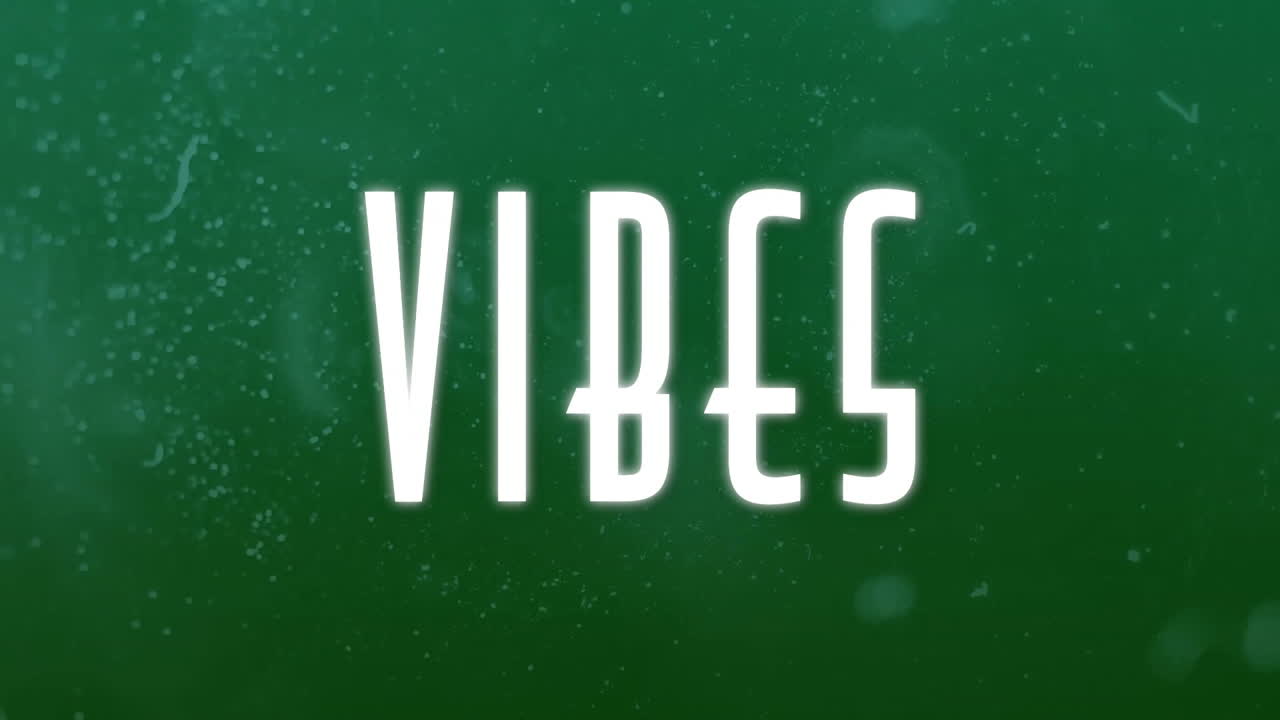 animación de texto de vibraciones sobre fondo verde con efectos de partículas sutiles
