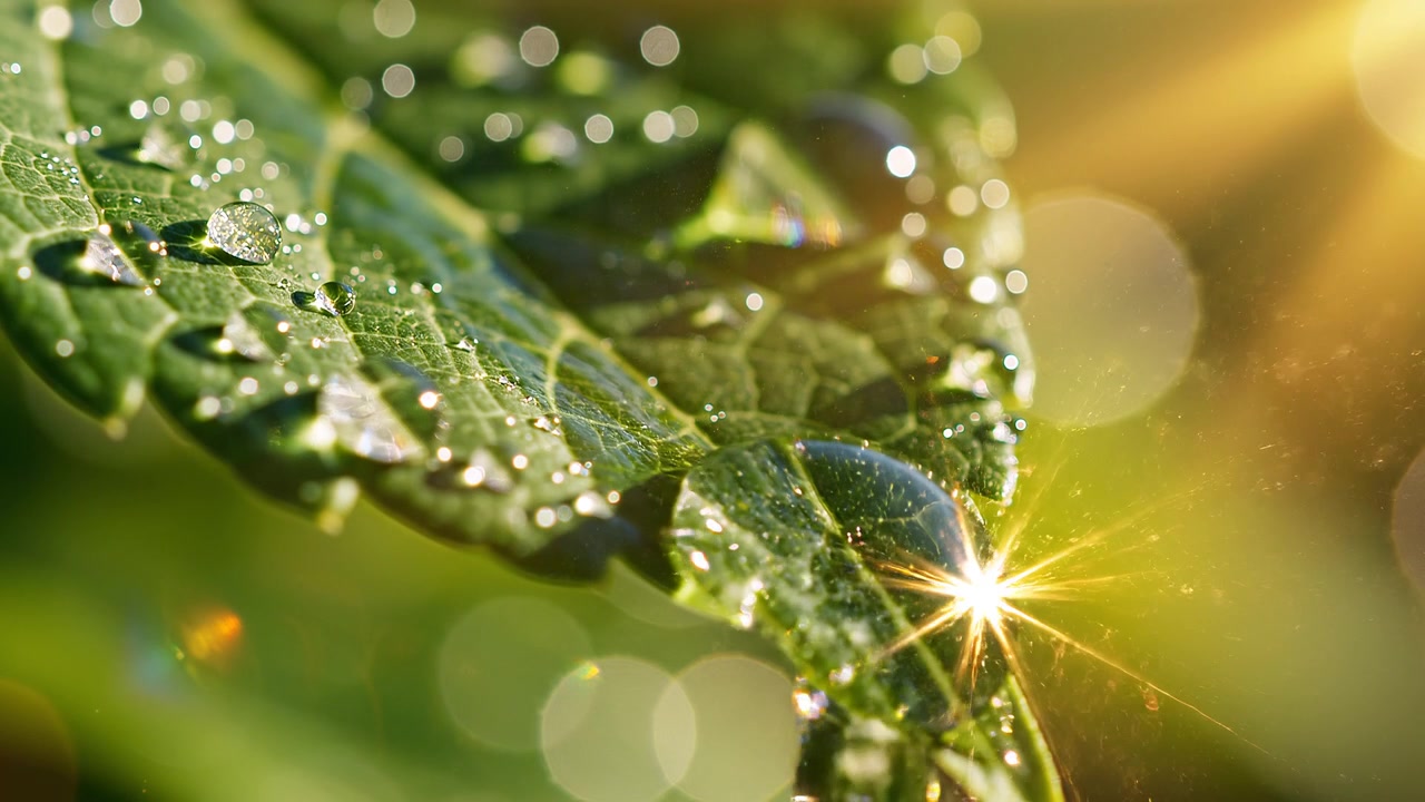 Gocce di rugiada mattutina che si posano su una foglia verde vibrante