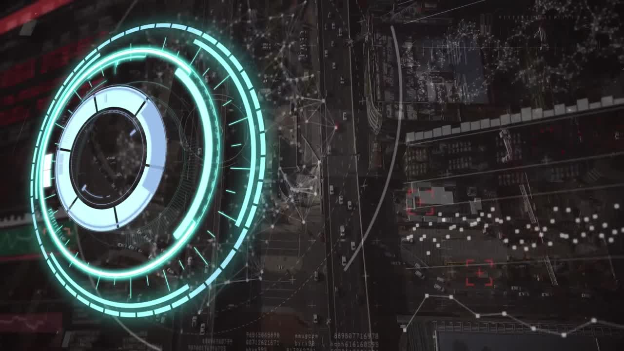 Animation of scope scanning and data processing over cityscape