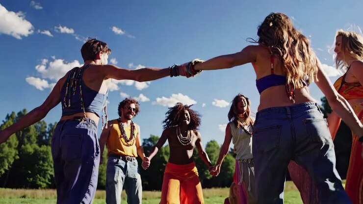 glückliche freunde, die in einem kreis tanzen