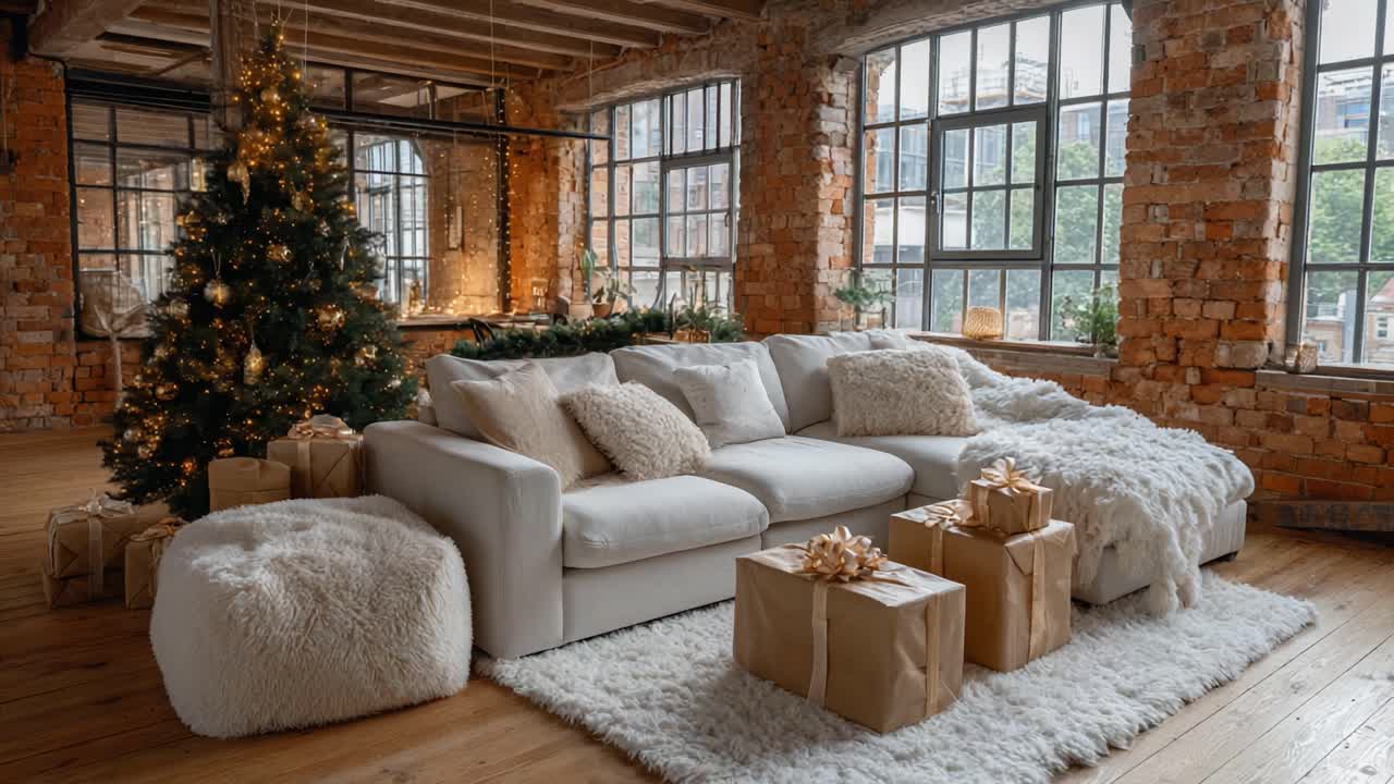 Cozy Holiday Living Room with Elegant Decor, Plush Sofa, and Beautifully Wrapped Presents Surrounded by a Festive Atmosphere and a Glimmering Christmas Tree