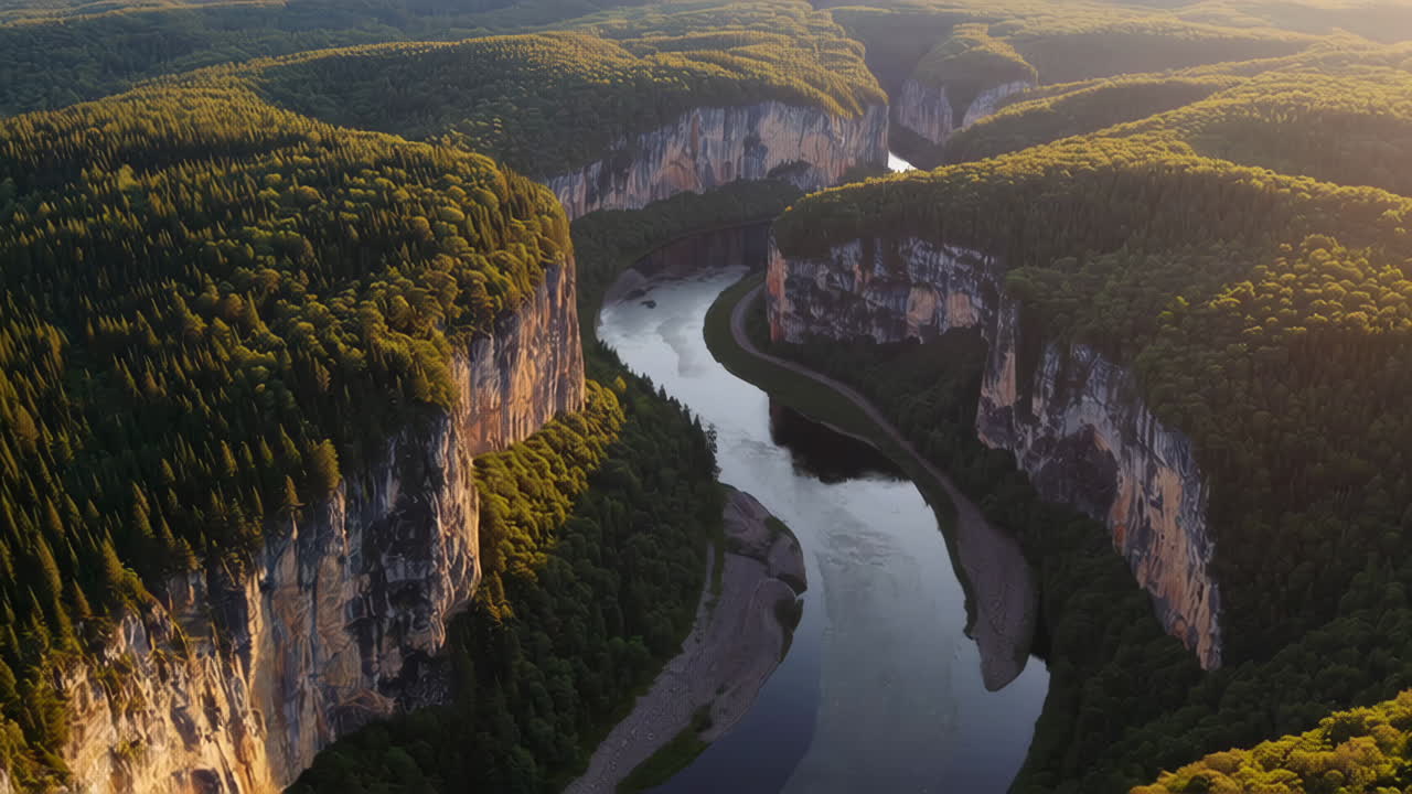 Vista Aerea di un Fiume Serpeggiante Attraverso un Canyon con Foresta Verde Lussureggiante