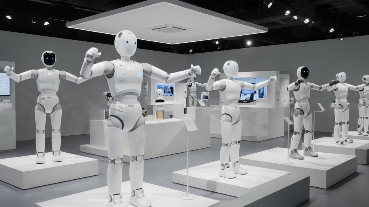 Showcasing Advanced Robotics: A Display of Cutting-Edge Humanoid Robots in a Modern Exhibition Space with Interactive Displays and Futuristic Aesthetics