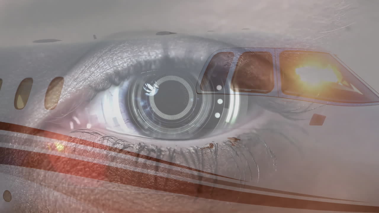 비행기 조종실에서 미래의 인터페이스 애니메이션을 가진 클로즈업 눈