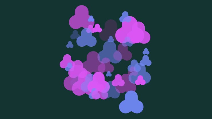Una composizione astratta con una disposizione circolare di punti blu e viola di varie dimensioni sospesi su uno sfondo scuro, creando un'immagine di grande impatto visivo ed eterea