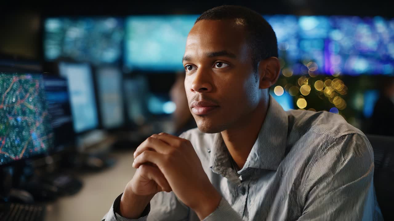 Focused Attention and Critical Thinking: A Young Man Analyzes Data in a High-Tech Control Room Filled with Screens, Highlighting Modern Decision-Making in Complex Environments