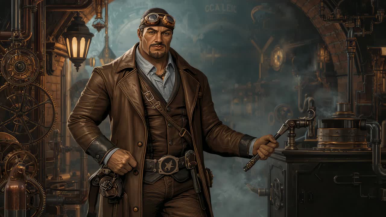 Holding valve handle as camera zooming in, goggled mechanic operating steam control in workshop