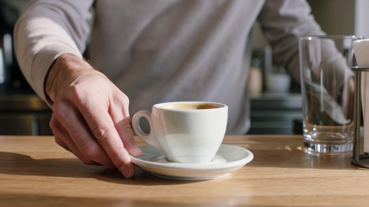Uomo in maglione grigio che si allunga, sollevando la tazza di caffè e facendo scivolare il piattino sul bancone del bar per riposizionarlo.