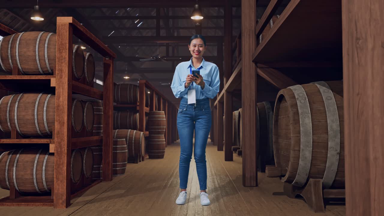 Full Body Side View Of An Asian Female Professional Worker Standing With Her Laptop In Cellar Of Winery, Typing On Her Laptop'S Keybaord With Meditation