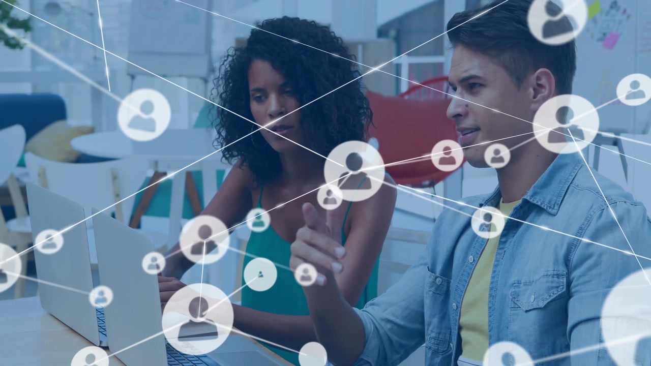 Animation of network of connections with icons over diverse business people in office
