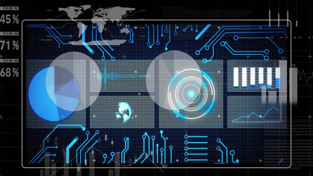 Animation of data processing and statistics over screen