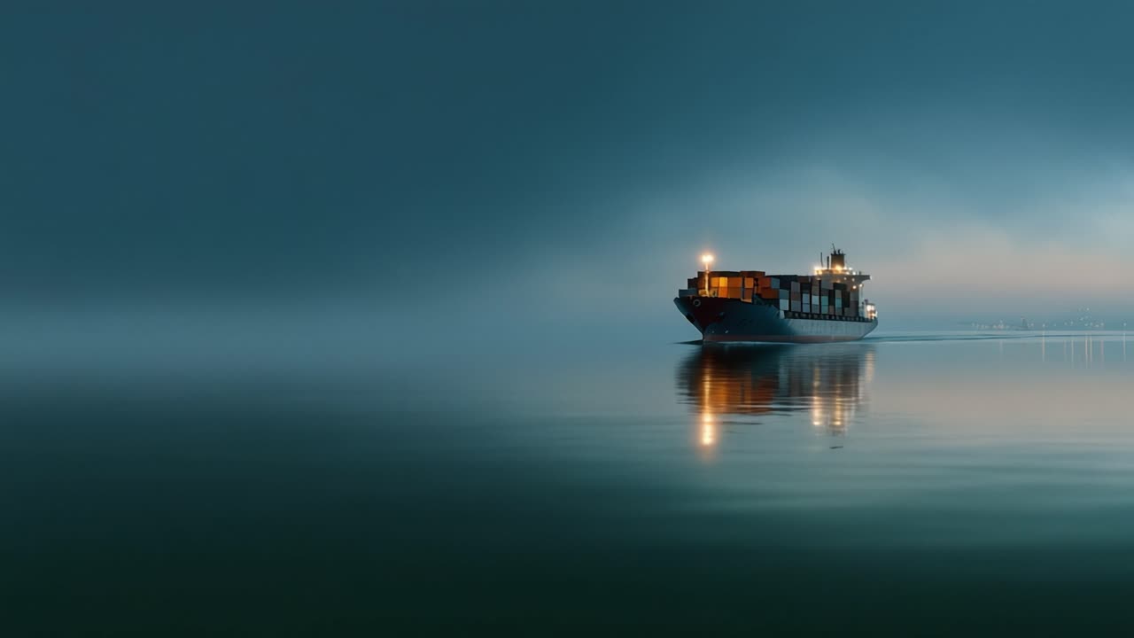 A solitary cargo ship navigates through a serene, misty seascape, reflecting the tranquility of early morning waters under a mystical foggy atmosphere