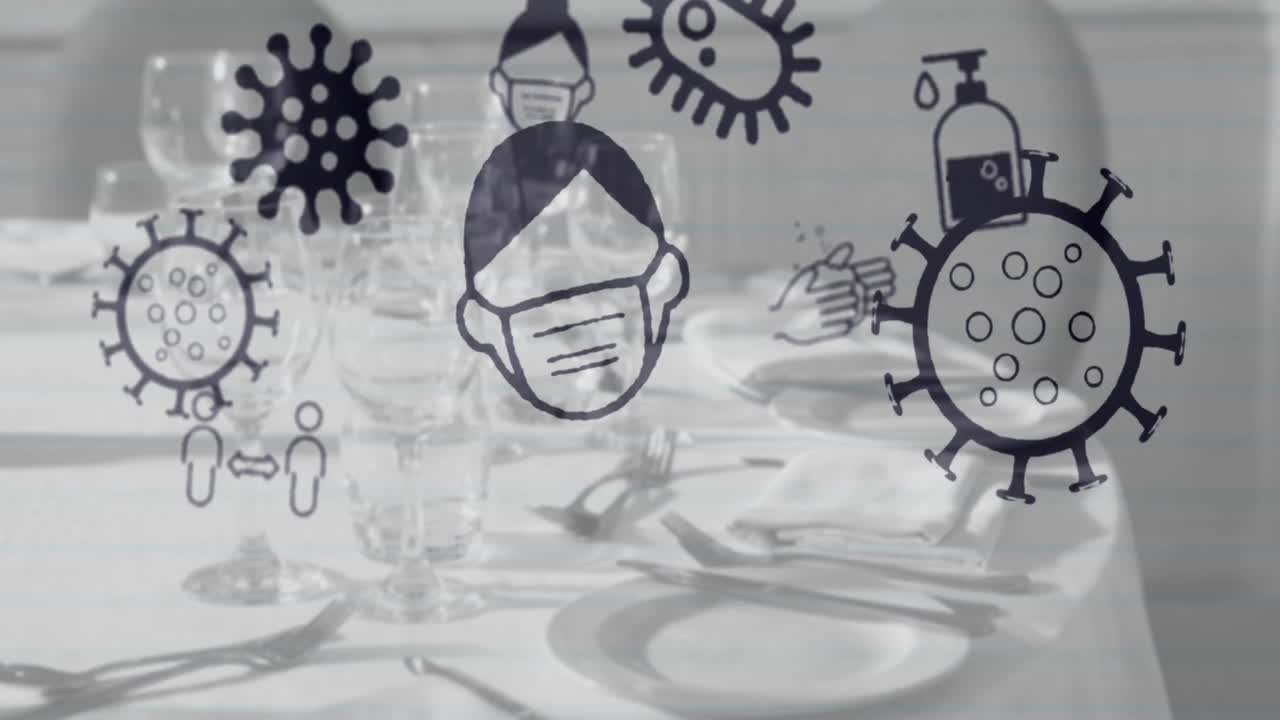 iconos del concepto de coronavirus contra la mesa del restaurante