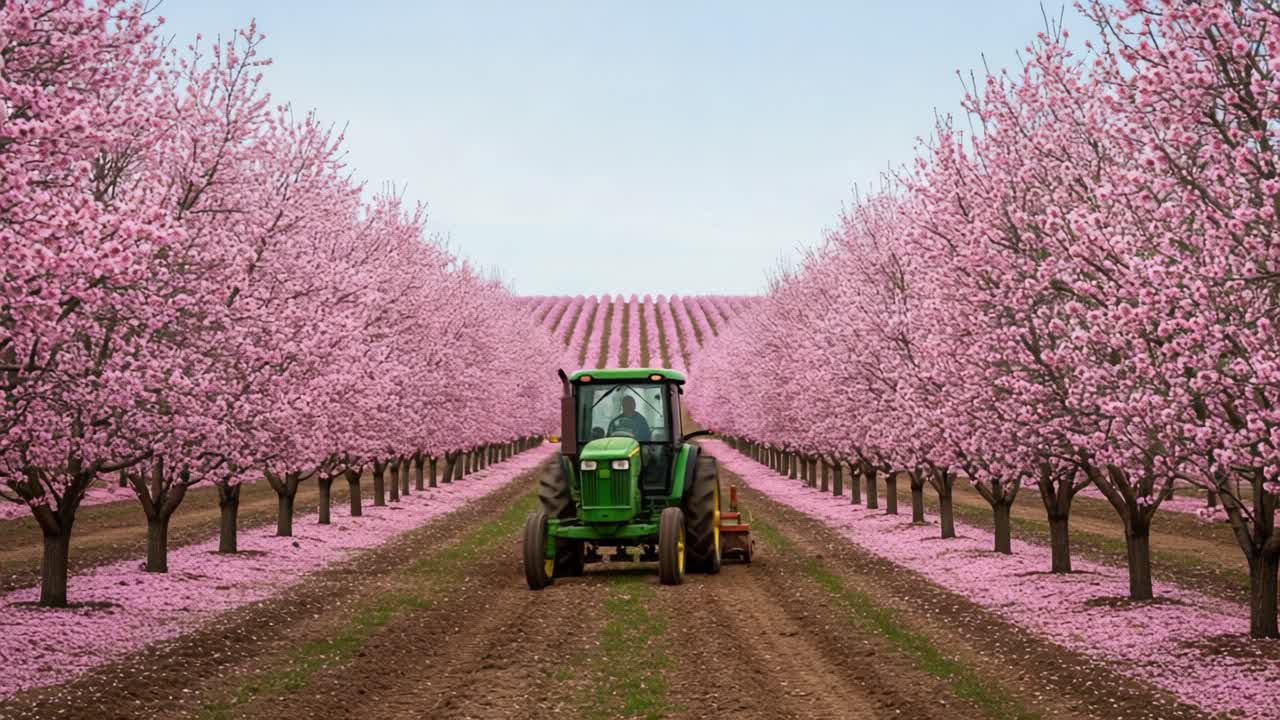 En malerisk udsigt over en levende blomstrende frugtplantage med lyserøde blomstrende træer langs rækkerne, mens en traktor navigerer gennem dette fredfyldte landbrugslandskab.