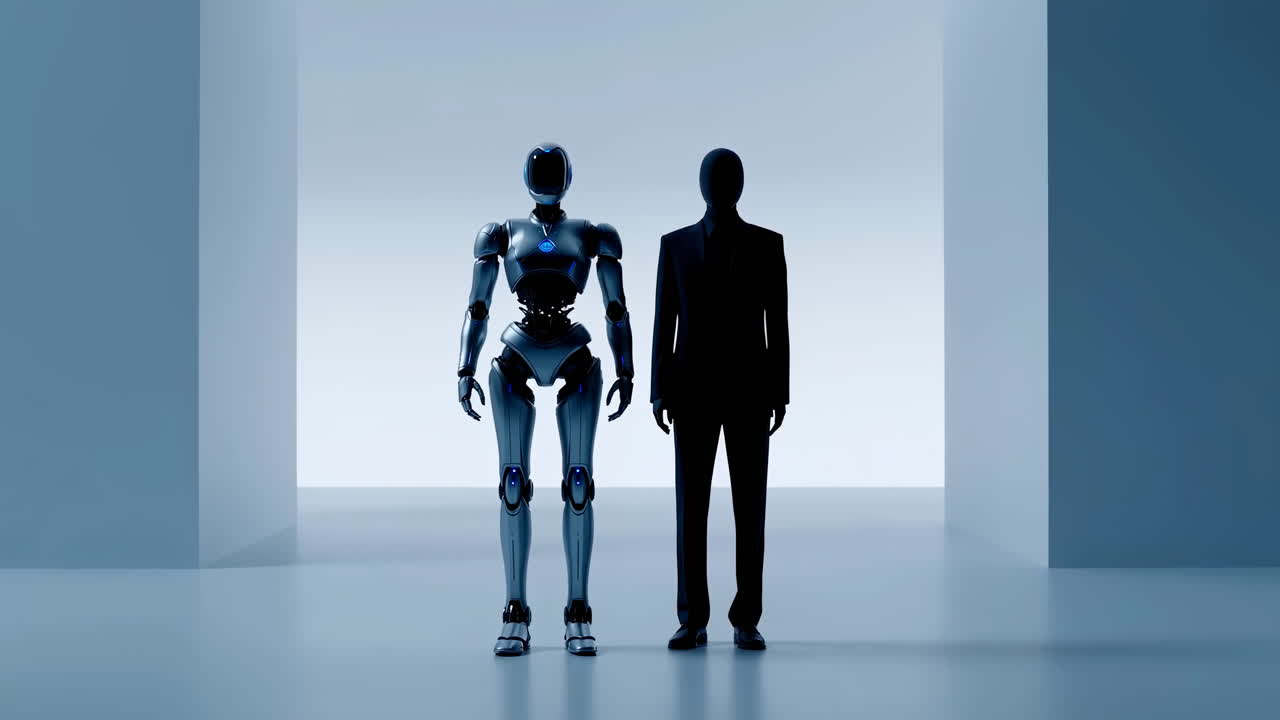 Robot umanoide e silhouette umana in piedi in un corridoio illuminato, androide cromato accanto a un dirigente in giacca e cravatta