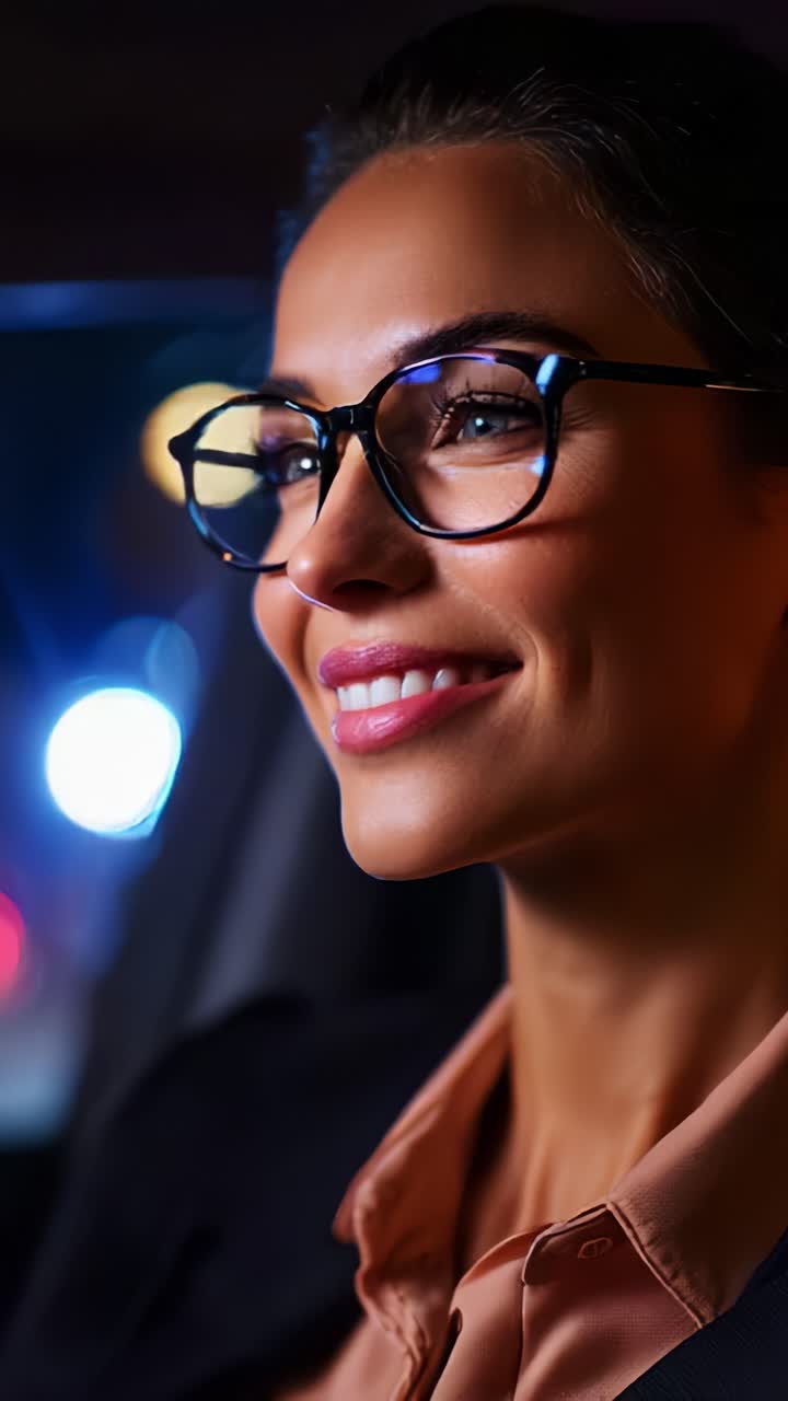 A thoughtful woman in glasses gazes out of a car window at night, illuminated by soft lights, reflecting on her surroundings with a serene expression