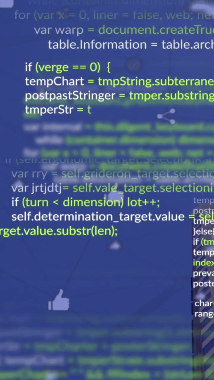 Vertikal video: Kodeblokk lastes inn og ruller opp, grønne symboler beveger seg, ikoner svever for å vise brukergrensesnitt.