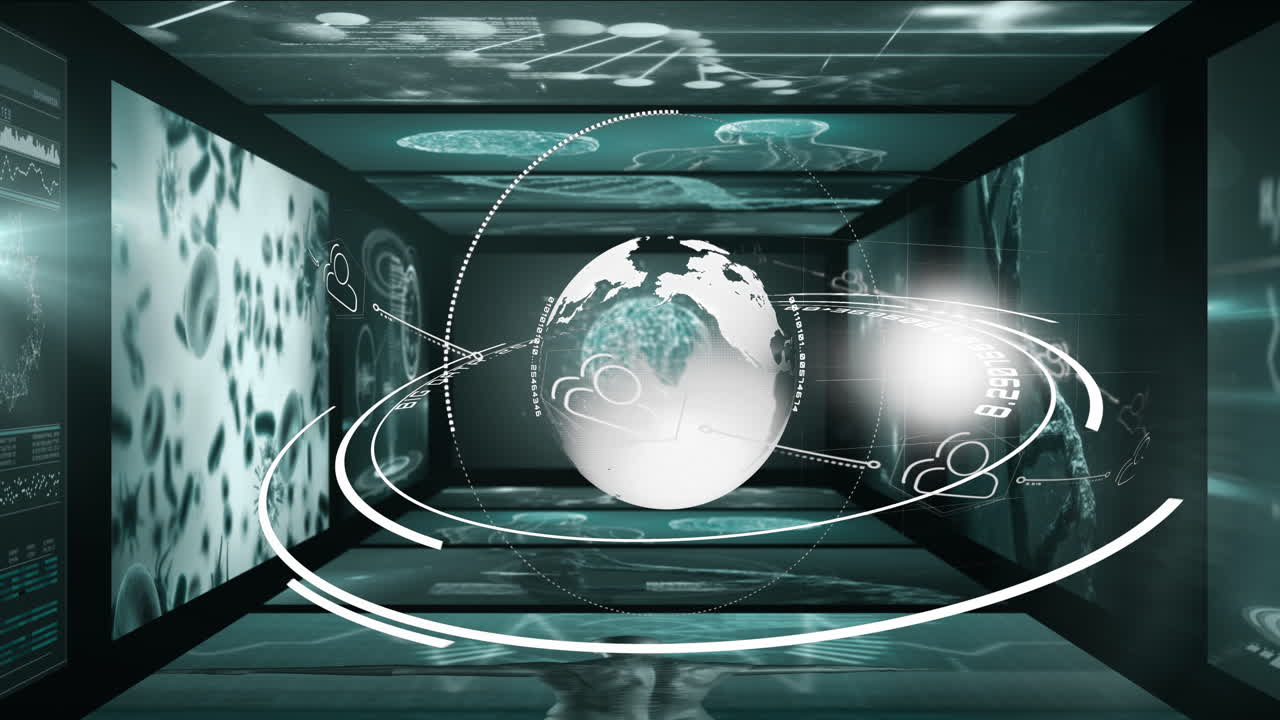 animación del globo y procesamiento de datos sobre fondo negro