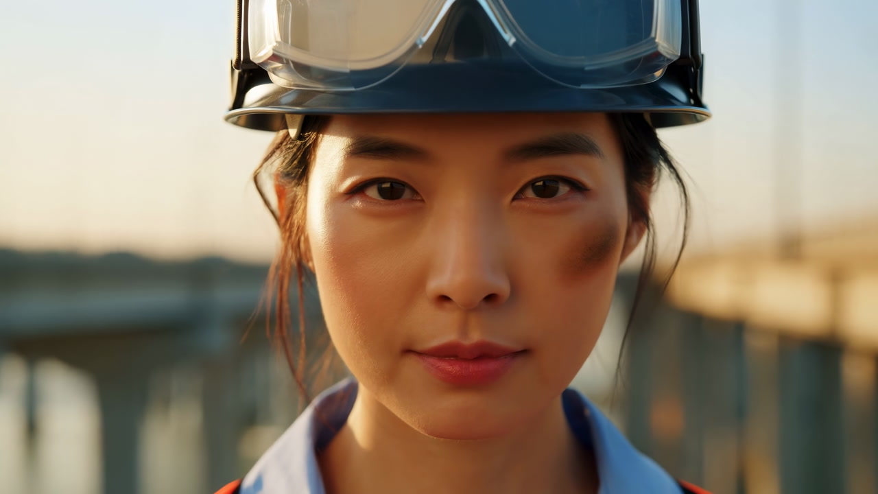 Asian Female Engineer Wearing Helmet, Closeup Portrait At Sunset On Bridge, Smudged Cheek, Safety Goggles