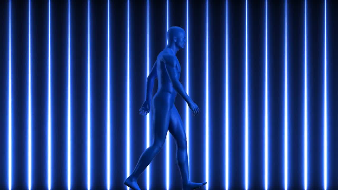 Animazione di figura umana blu che cammina su strisce neon blu.