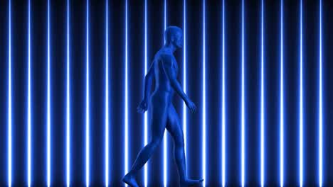 animación de una figura humana azul caminando sobre rayas de neón azul.