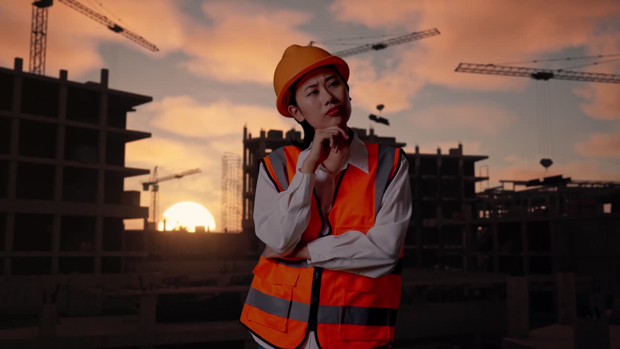 Asian Female Engineer With Safety Helmet Thinking About Something And Looking Around While Standing At Construction Site in Progress to New House